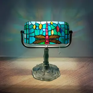 Antique Style Dragonfly Tiffany Banker's Lamp Adjustable Handmade Stained Glass Shade with Free Bulb for Home Decor