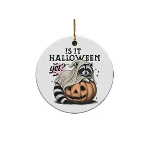 It Is Halloween Yet ? Raccoon Ceramic Ornament, Cute Halloween Ornament, Animal Holiday Decor - Circle, Star, Heart and Oval Shapes