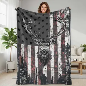 Deer Flag Flannel Blanket  American Rustic Antler Print Pattern  Soft Warm Cozy Lightweight Throw for Sofa Living Room Bedroom Cabin Camping Gift Decor summerwins