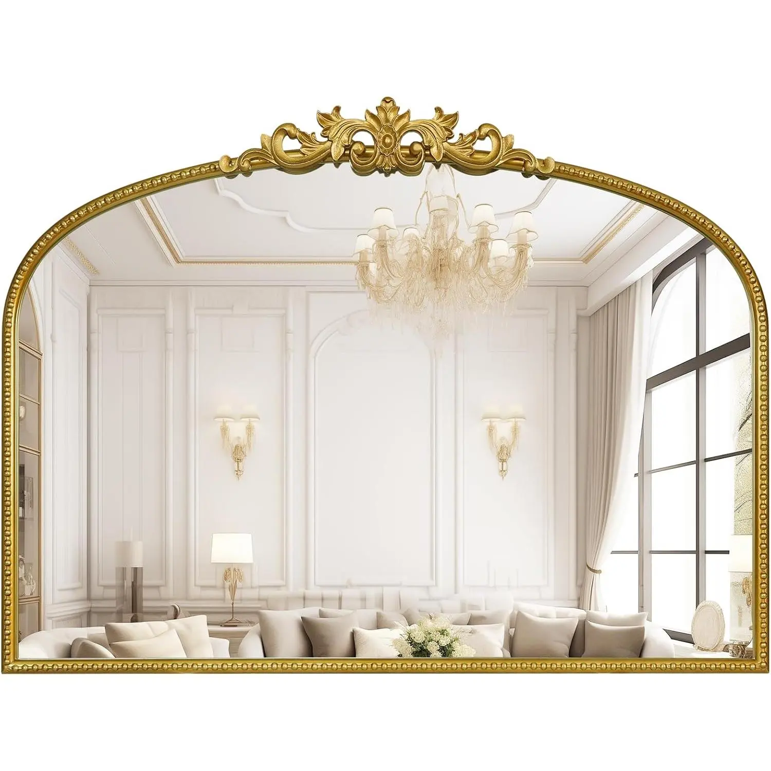 Mirror for Vanity 32x24 Inch,  Antique Mirror with Ornate Frame, Arched  Wall Mirror for Bathroom, Living Room, Fireplace, Entryway