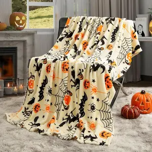 Pumpkin Halloween Blanket 50” x 70” Reversible Witch's Hat Spider Webs Print Fleece Throw Blanket, 320 GSM Surper Soft Warm Cozy Blanket for Couch Sofa, Halloween Harvest Gifts and Orange Home Decor 424