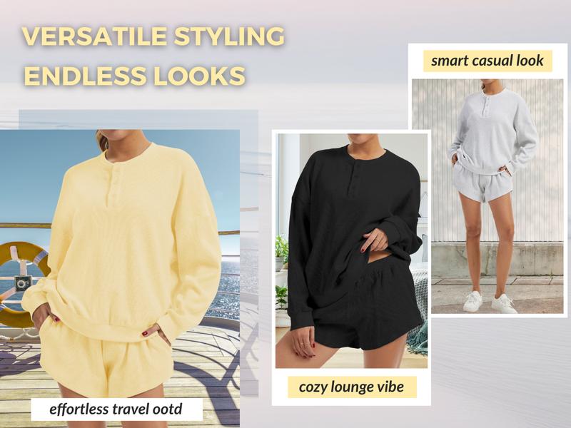 AnotherChill Women's Oversized Waffle Knit Lounge Set – Long Sleeve Henley Sweatshirt and High Waisted Shorts 2 Piece Casual Outfit