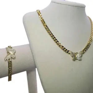 98 - Butterfly 14K Goldplated Set Necklace and Bracelet with Elegant Chain Design and Sparkling Butterfly Charm