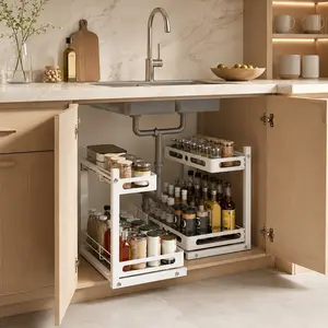 2-Tier Under Sink Storage Organizer - Pull-Out Organizers with Slide Out Shelf and Metal Sliding Drawer for Kitchen, Bathroom, Pantry Cabinet, and Closet Organization - Space-Saving Solution for Maximizing Storage Capacity