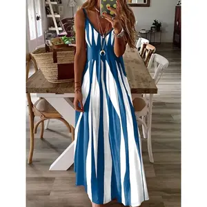 Striped Spaghetti Strap Dress, Elegant V Neck Sleeveless Cami Dress For Spring & Summer, Women's Clothing