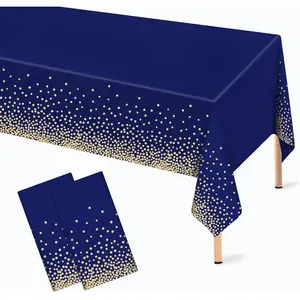 2 Pcs Navy Blue and Gold Plastic Tablecloth for Rectangle Table, 54 × 108 inches Disposable Gold Dot Dark Blue Party Table Covers for Anniversary, Wedding, Fine Dining, Graduation Party Decoration