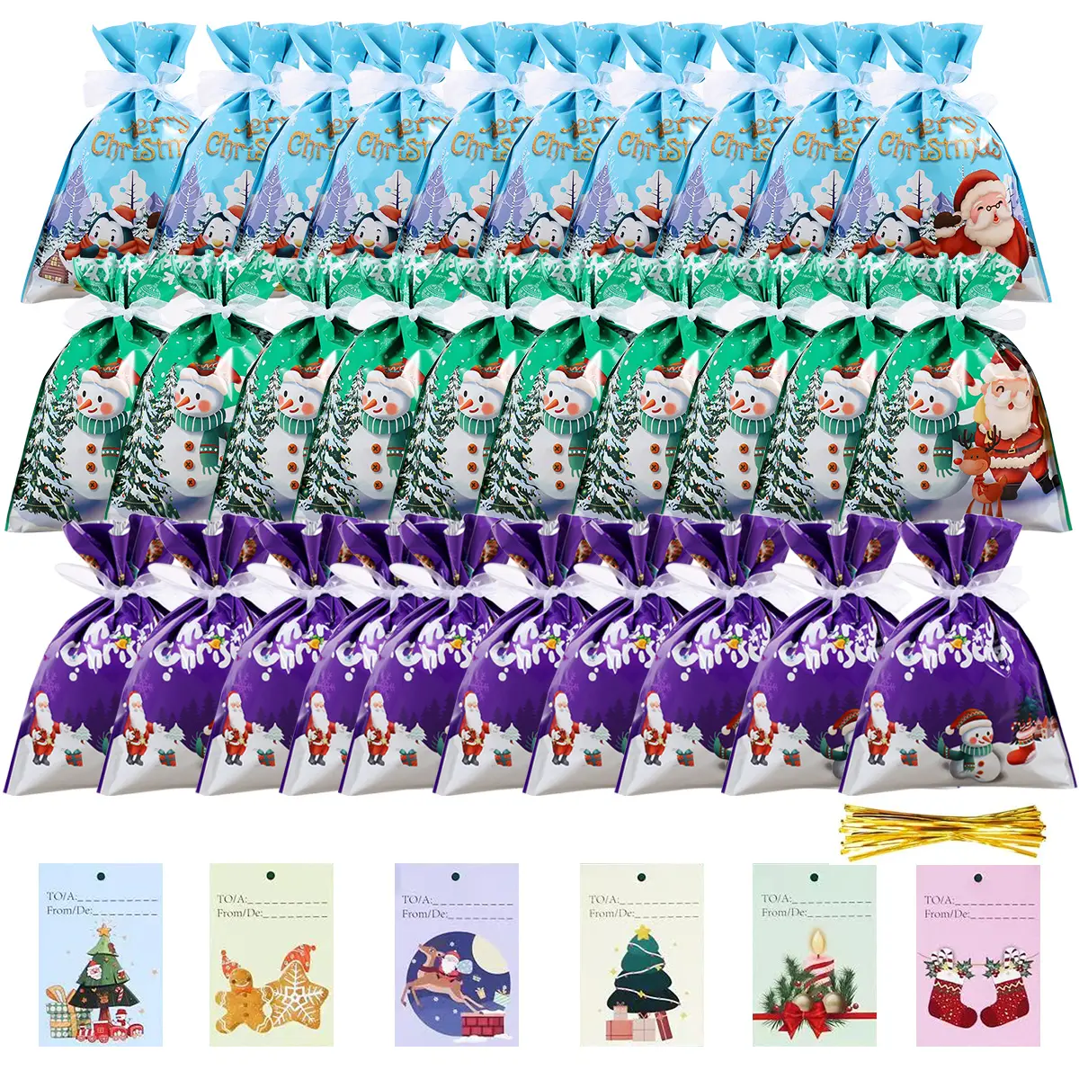 30 Pcs Christmas Drawstring Gift Bags Waterproof Xmas Party Favor Bags for Candy Cookies Toys Holiday Decoration Supplies with Tags