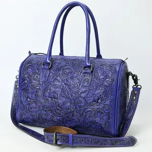 American Darling Hand-Tooled Leather Duffel Bag - Floral Carved Travel Carryall (speedy bag)