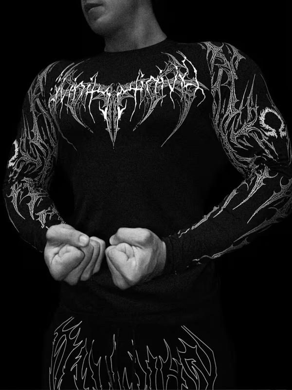Men's Professional Sports Quick-Dry Fitness Shirt, Gothic Print Long Sleeve, High Elasticity, Round Neck, Moisture-Wicking, Running, Training, Daily Wear, Athletic Top