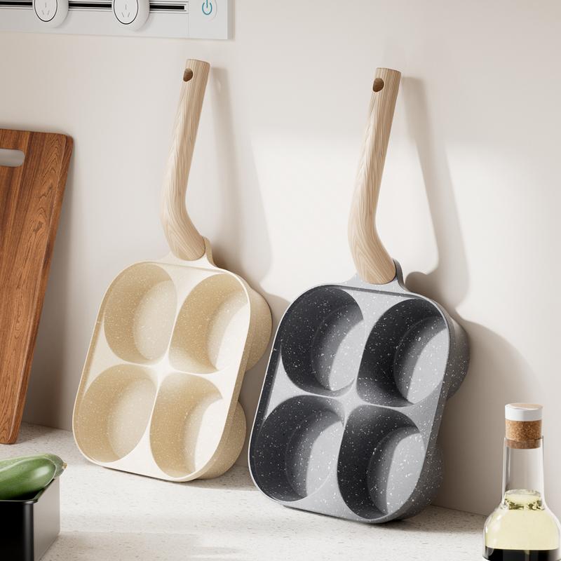 Non-stick Egg Frying Pan 4 Holes Skillet – Multifunctional 4-Cup Breakfast Maker, Medical Stone Marble Coating, Wooden Handle Pancake Omelet Burger Pan for Gas Induction Electric Ceramic Stoves