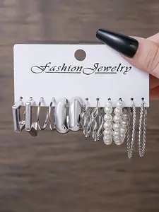 Silver Color Faux Pearl Alloy Earrings Set, Trendy Jewelry, Earring Stack, 12pcs-24pcs, Ring Design, Four Leaf Clover, Hypoallergenic, Daily Wear, Flower Pattern, Hoop Earring Sets