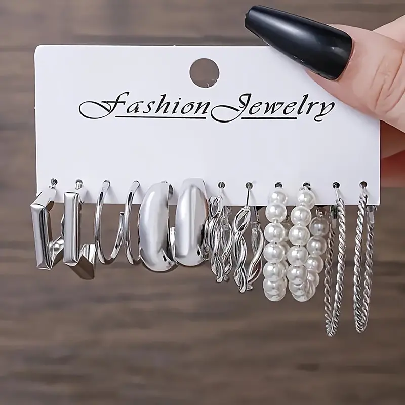Silver Color Faux Pearl Alloy Earrings Set, Fashion Earrings, Trendy Jewelry, Earring Stack, 12pcs-24pcs, Ring Design, Four Leaf Clover, Hypoallergenic, Daily Wear, Flower Pattern, Hoop Earring Sets