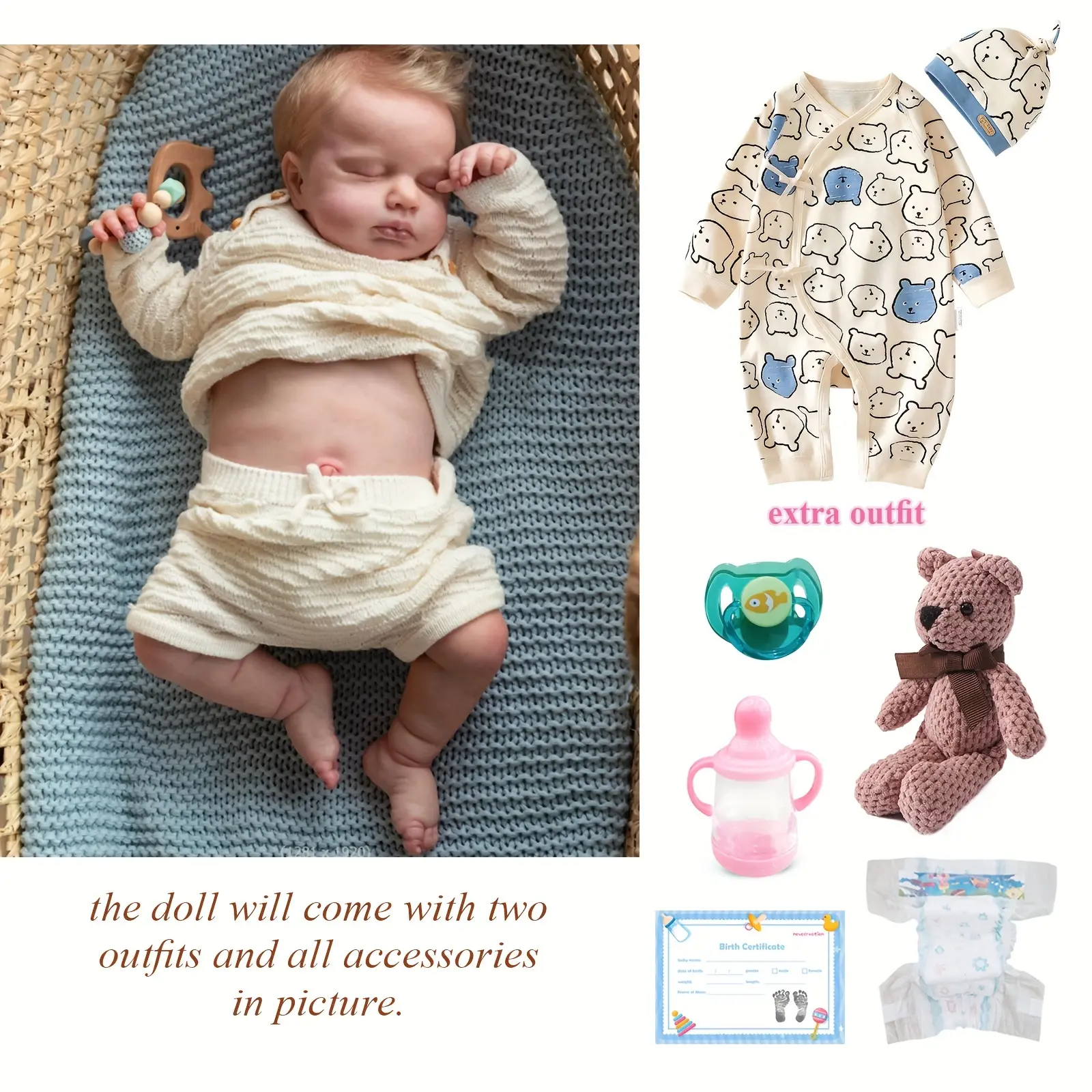 19" Lifelike Reborn Youngsters  - Soft Full Vinyl, Realistic Sleeping Youngsters with 2 Outfits (Blue & White Bear-Themed Ones), Bathable, Perfect Gift for Birthdays & Christmas, Youngsters  Clothes lovely newborn doll year old