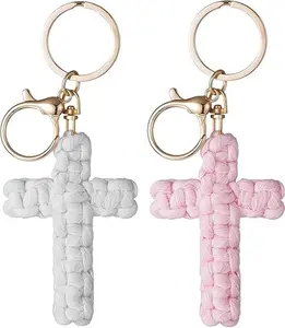 Crochet Cross Keychain Jesus Key Chain Christian Car Accessories Handmade Soft Cross Keychain Boho Decor for Women Men Gifts