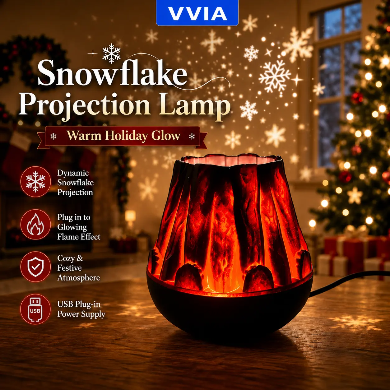 USB Snowflake Projection Lamp, Christmas Fireplace Flame Effect Night Light, White Snowflake Projector for Bedroom, Party, Holiday Decor Audio