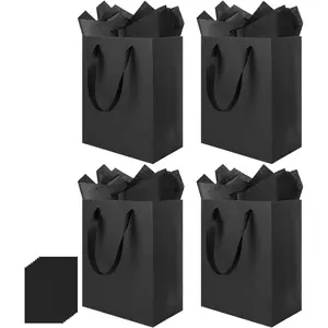 4 Pack Black  Bags Handles and 8 Tissue Paper, Medium Size 8 X 5 X10 Inch Paper Bag for Birthday Party,  Shower, Wedding Favors or Mother's Day, Father's Day
