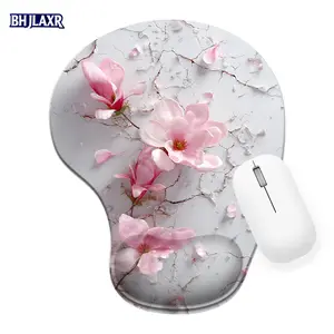 Delicate Pink Magnolia Flowers on Cracked Surface Silicone Wrist - Rest Mouse Pad 8.98*7.56inchs - Ergonomic Support for Office Home, Unique Floral Art Gift for Computer Users Mousepad