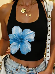 Y2K Millennial Sweet and Spicy Halter Neck Tank Top! This cropped top features a hibiscus print and a halter neck design. The fitted silhouette accentuates your waist and hip curves. Pair it with denim shorts or a mini skirt for a vibrant, beachy look!