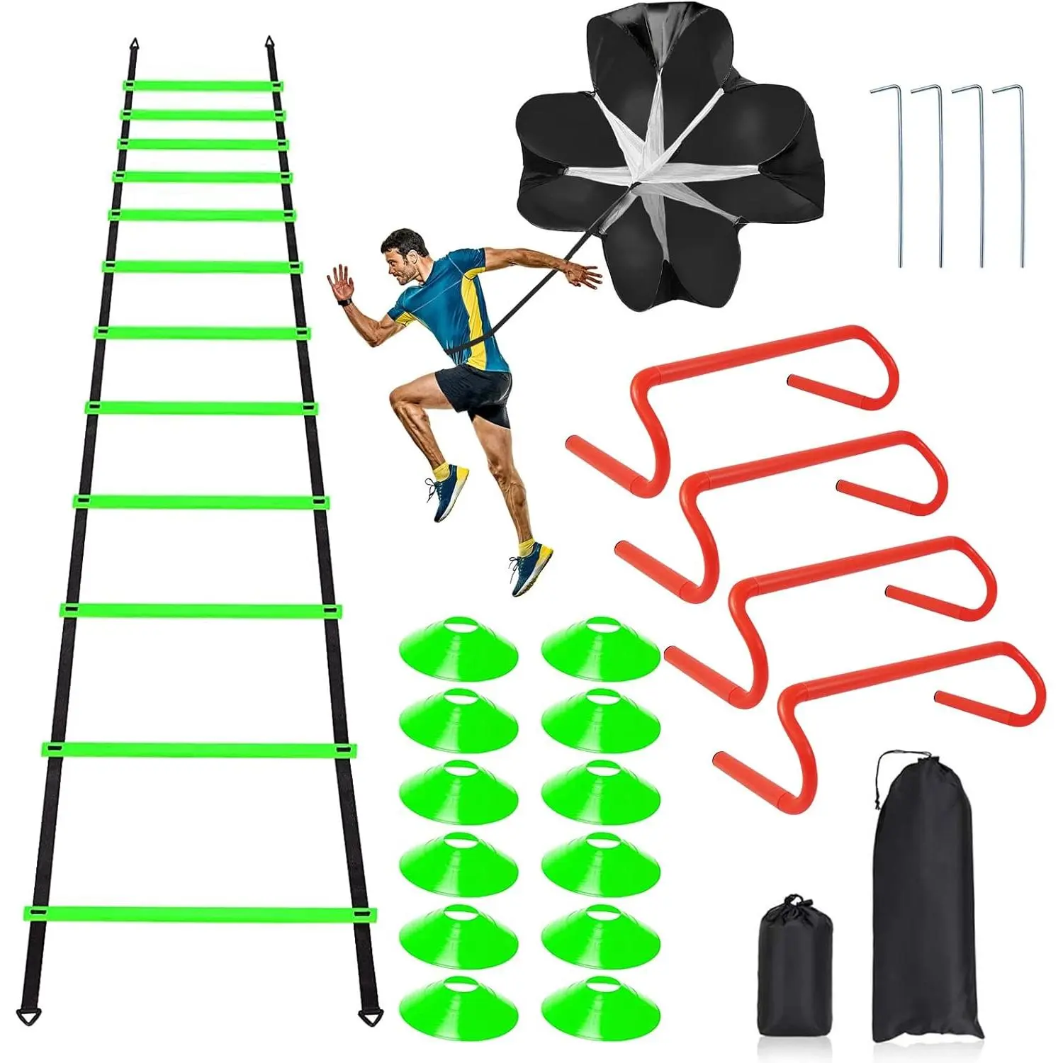 Speed & Agility Ladder  Equipment Set, Includes 12 Rung 20ft Agility Ladder, 4 Agility Hurdles,12 Disc Cones, 1 Resistance Parachute for  Football Soccer Basketball Athletes