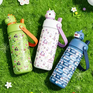 POWCAN 12oz Insulated Water Bottle, Stainless Steel Cup with Cute 3D Character Topper, 2-in-1 Dual Sip Straw & Spout Lid, Leakproof Travel Tumbler for Boys Girls School Outdoor