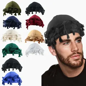 Men Pre-Tied Tassels Braid Beanie Vintage Twist Bonnet Halo Turban Satin Lined Durag Head Wraps Skull Cap