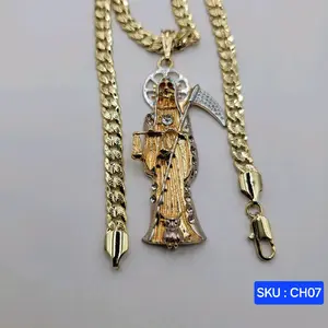 La Santa Muerte Chain Cuban Link Diamont Cut Necklace 24 Inches 6 mm Wide Laminated-Gold with 2.5 Inch Pendant Elegant Design Modern Versatile Accessories Jewelry Accessory SKU CH07
