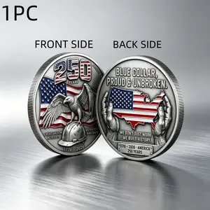 1PC America 250 Blue Collar America Commemorative Coin Alloy Material 3D Relief Collectible Medal Honoring Skilled Workers Builders Mechanics Electricians Construction Professionals Independence Anniversary Celebration Patriotic Display Gift For Coworkers