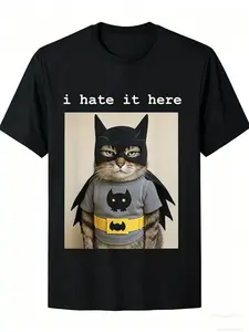 Bat Cat Superhero "I Hate It Here" Funny T-Shirt - Cat Lover Meme Tee, Unisex Casual Shirt, Humorous Gift for Cat Owners