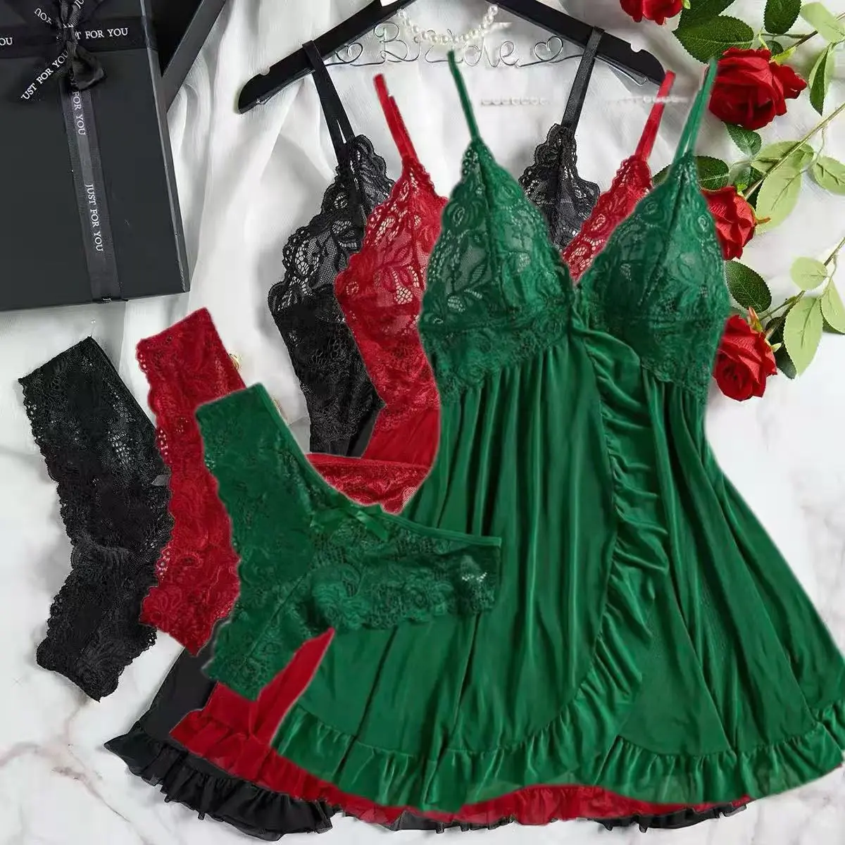 3PCS Sexy Sleepwear For Sleeping Night Dress Women Lingrie Sets Deep V Slip Nightgowns And Panties 3PCS Sexy Sleepwear For Sleeping Night Dress Women Lingrie Sets Deep V Slip Nightgowns And Panties