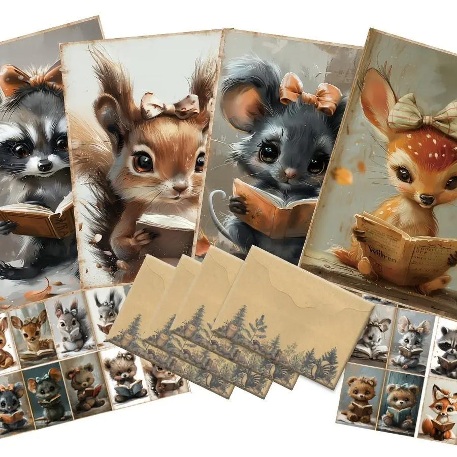 Woodland Animal Pattern Card Sticker & Envelope Set, 50pcs/set DIY Scrapbooking Paper, Greeting Card, Scrapbooking, Paper Craft, Postcards, Scrapbook Materials, Handmade Crafts