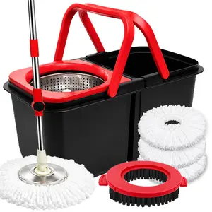 Spin Mop Bucket Set with Wringer - Foldable Space-Saving Dual-Chamber System, Adjustable Stainless Steel Telescopic Handle, Built-in Drain Plug, Comes with a brush 3 Reusable Microfiber Mop Heads for Hardwood, Tile, Vinyl Floor Cleaning Adjustable Vinyl