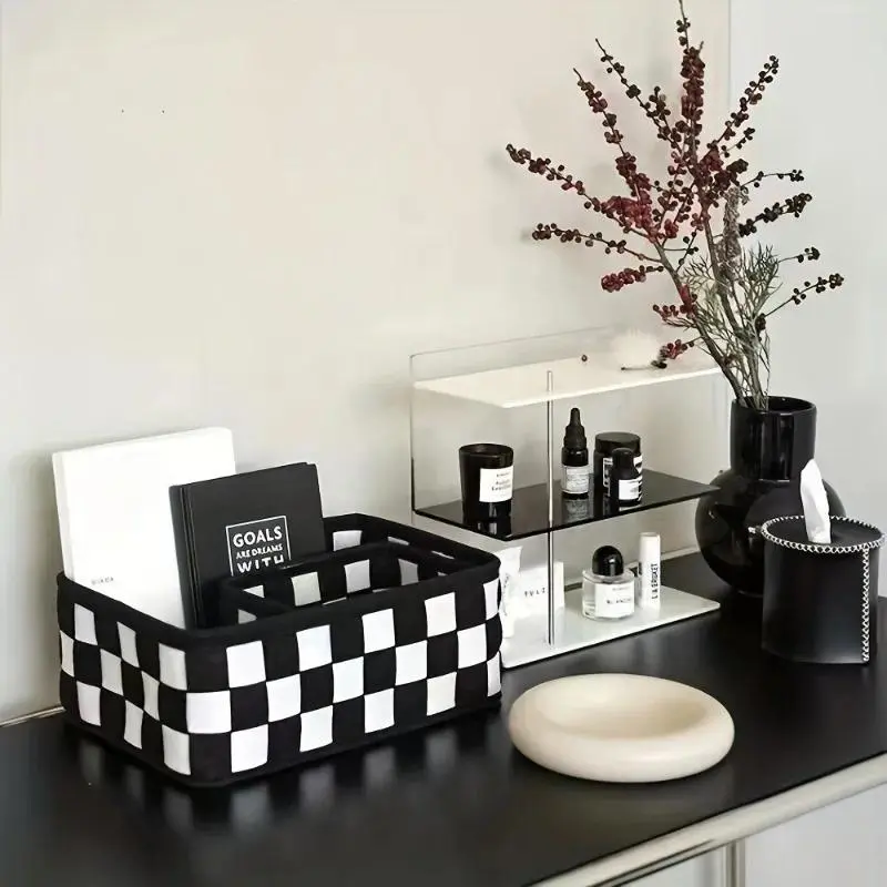 1 piece black and white felt storage basket ins vintage minimalist chessboard storage box cosmetics and miscellaneous basket Decorative Storage Basket Home Organizers