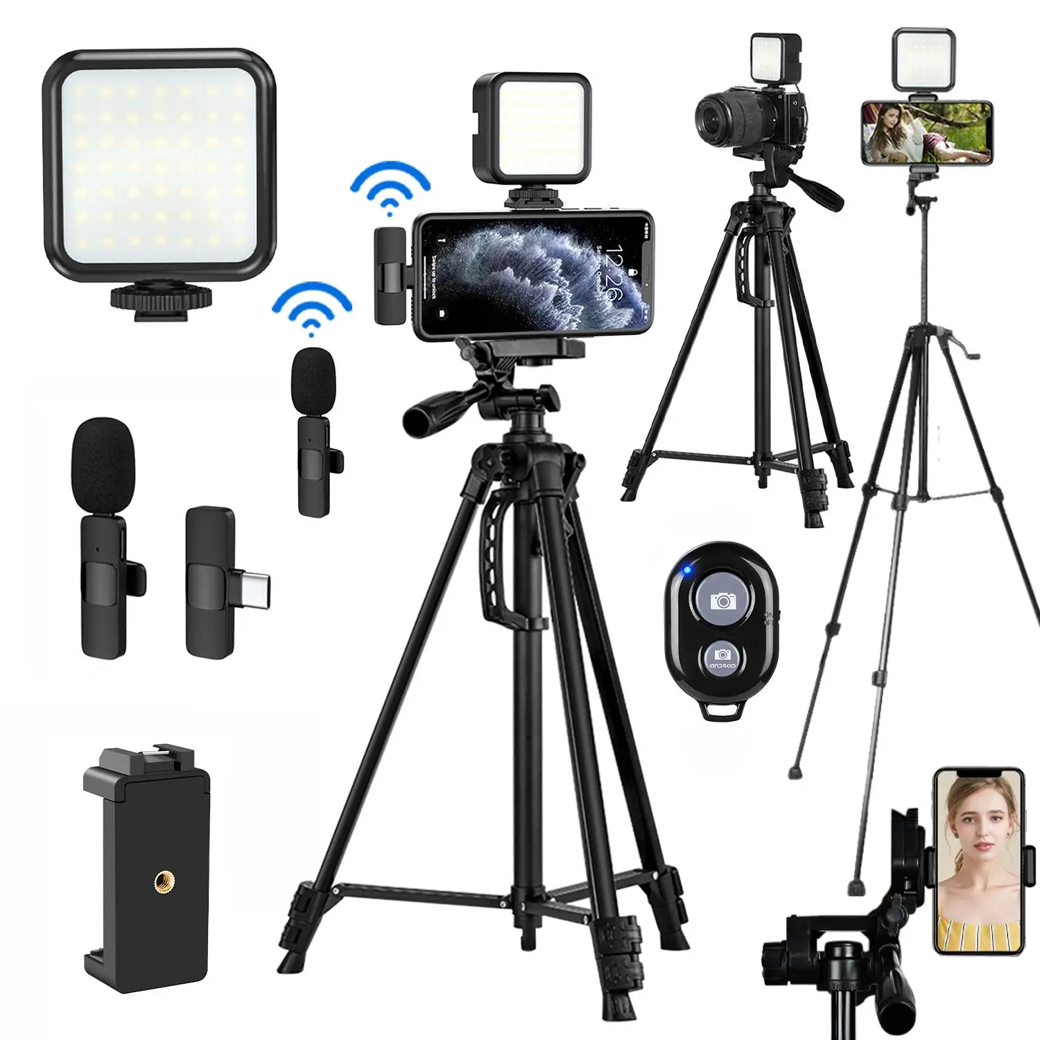 Portable Vlog Video Shooting Kit, 56 Inch Camera Cell Phone Tripod Set for Fall, Video Record Toolkit with Cellphone Tripod, LED Light, Wireless Micro