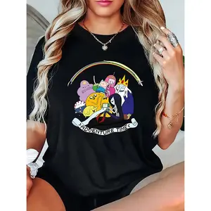 Monawear Women's Adventure Time Finn & Jake Graphic T-Shirt - Official TV Show Design with Finn, Jake, Princess Bubblegum & Marceline - Soft Polyester Blend, Medium Stretch Round Neck Casual Tee for Casual Attire & Themed Events - All-Season Comfort
