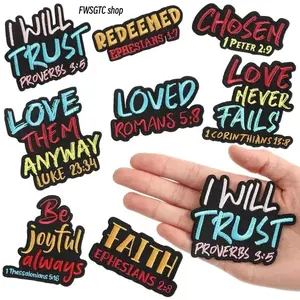 8/9-Piece Bible Verse Embroidered Iron-On Patches, 3 Inch Motivational Religious Christian Sew-On Appliques, Geometric Letter Patch Set for Hats, Jackets, DIY Accessories, Perfect for Fall Outfits & Daily Clothing Decoration