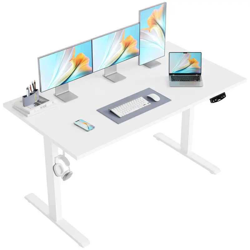Electric Height-Adjustable Standing Desk - Sturdy Ergonomic Home Office Furniture with Memory Preset, Hooks, 55 db Quiet Lift, 1" Obstacle Stop, Good Posture Support, Compact Dual Monitor WFH Setup, Desk for Bedroom