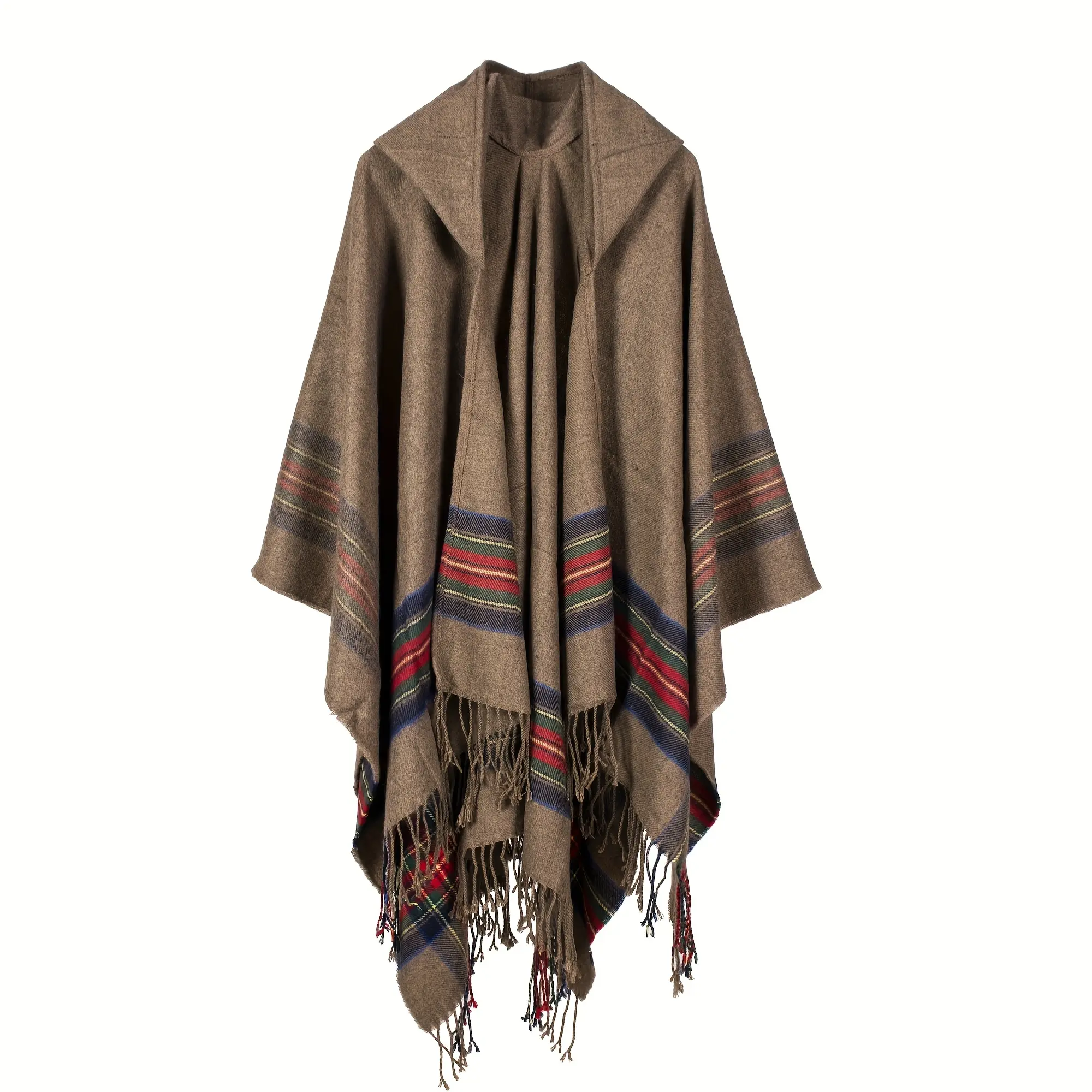Women's Scottish Hooded Cape Shawl - Tasseled, Cozy Plaid Cardigan Scarf, Plaid Stripes, Tasseled Edges, Casual Use, Cozy Plaid Design