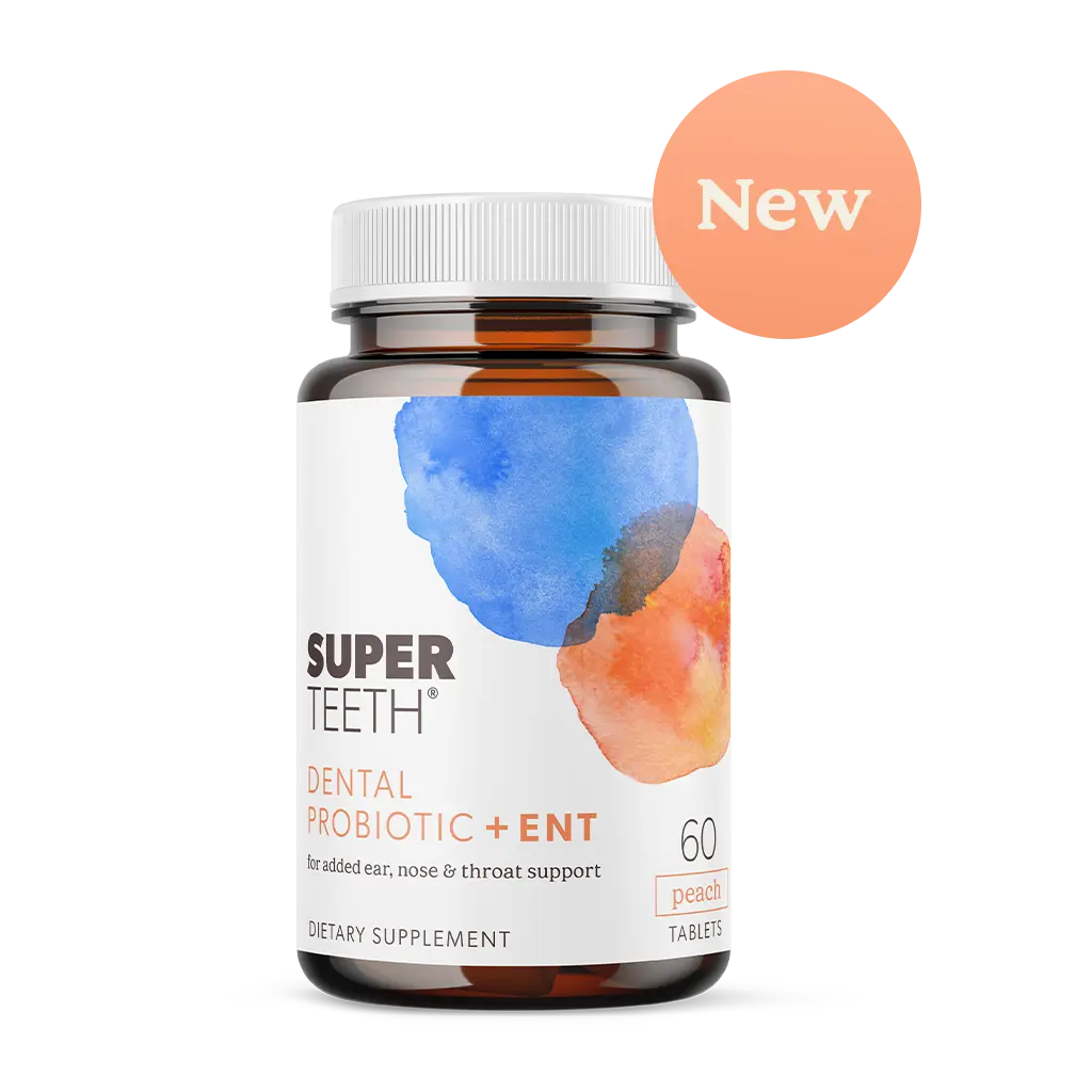 Super Teeth ENT Probiotic | BLIS K12 & M18 Probiotics | for Oral Microbiome Health & Sinus, Throat & Immune Support | 60 Natural Peach Flavored Chewable Tablets | Dental Probiotic