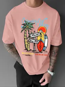 Men's Fashion Graphic Print Loose Fit Short Sleeve T-Shirt, Surfboard Palm Tree Pattern, Summer Essential Clothing