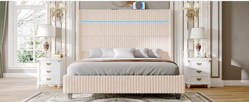 AMERLIFE Modern LED Bed Frame with Charging Station, Corduroy Upholstered Platform Bed with 60" Tall Wingback Headboard/No Box Spring Needed/Luxury Furniture Home Design/Queen/King Size/Best Gift Ideas/Christmas Gifts