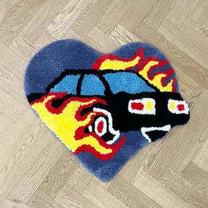 LAKEA Heart Flame Car Tufted Rug Doormat Bedroom Mat Geometric Living Area Kitchen Carpet Pad Anti-slip Rug Black White Home Room Tidy