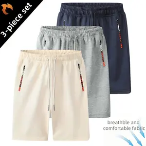 3-Piece set of men's shorts, thin new sports basketball outdoor running five-point casual beach pants, zipper pockets and drawstrings, elastic belt, suitable for running and outdoor sports, home wear
