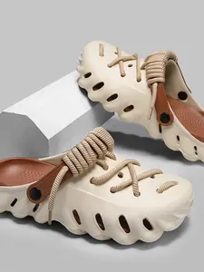 Wave-Sole Lace-Up Clogs, Breathable Hollow-Out Slippers, Non-Slip EVA Slides for Men & Women
