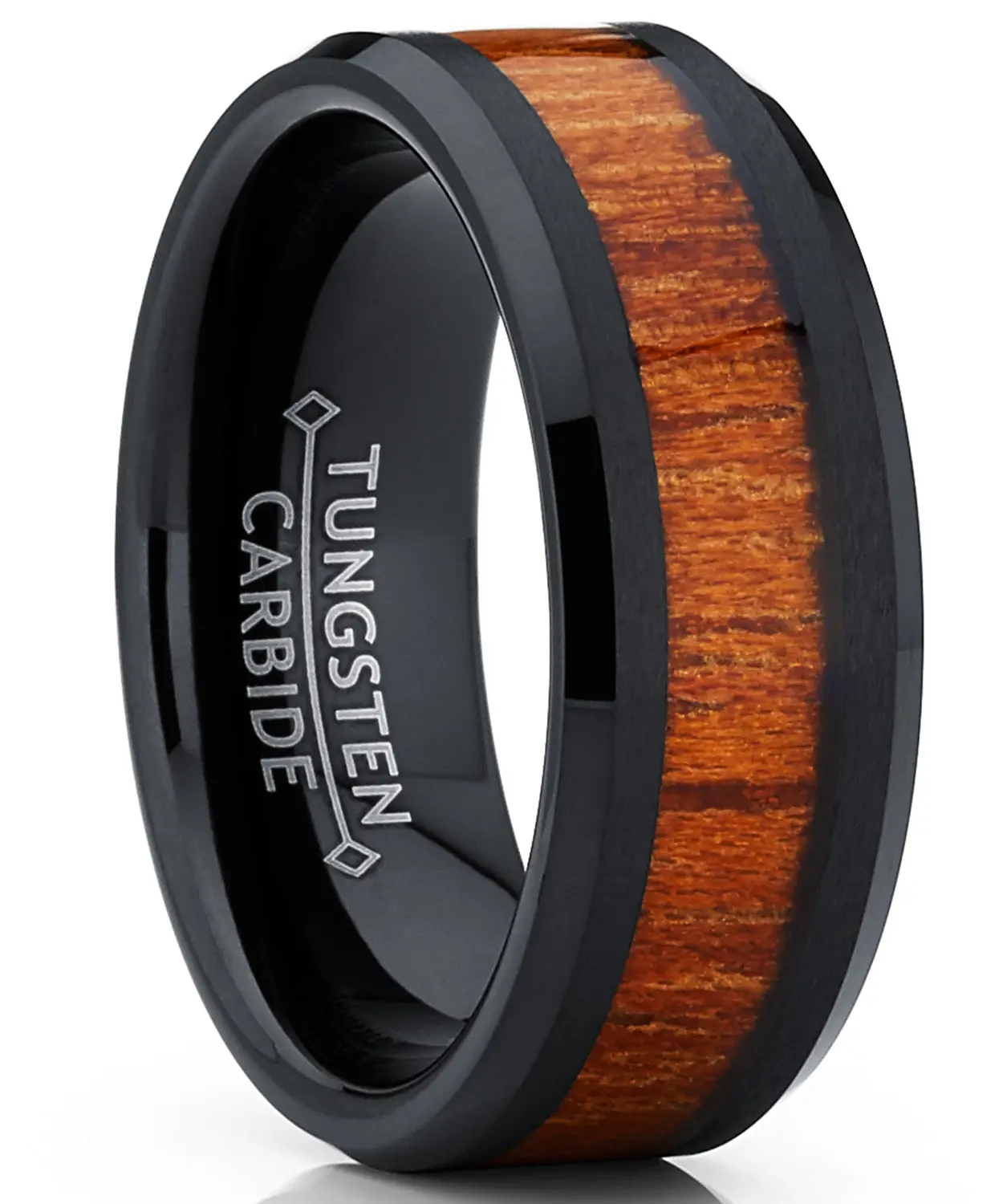 Men's 8mm Black Tungsten Carbide Wedding Ring - Real Wood Inlay, Comfort Fit Wedding Rings