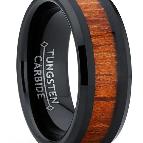 Men's 8mm Black Brushed Tungsten Carbide Flat Top Wedding Band - Rosewood Inlay, Comfort Fit, Durable, Elegant Everyday Commitment Gift Ring for Him
