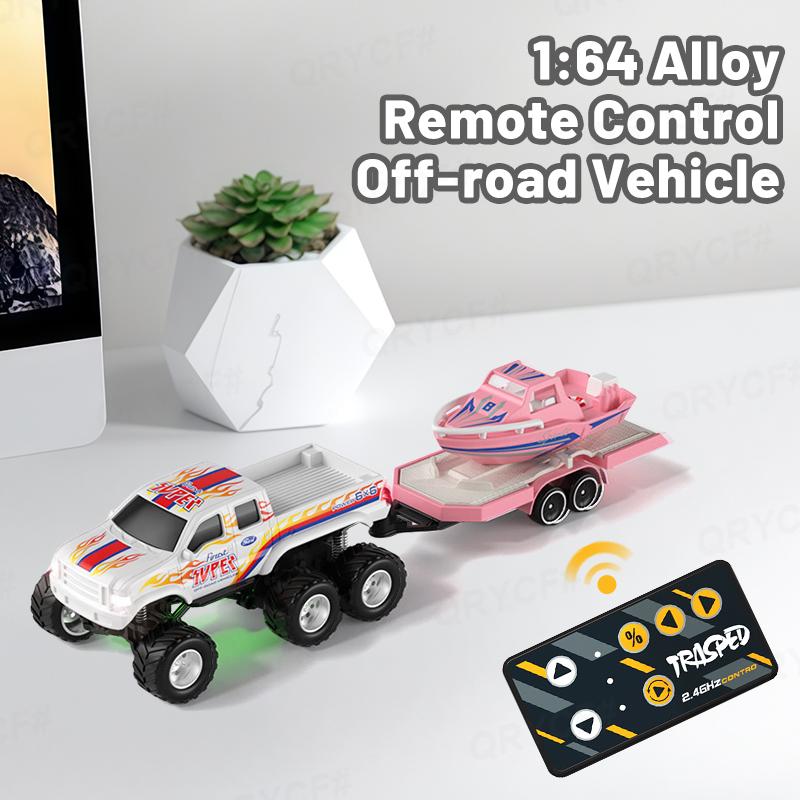 Mini Remote Control Truck with Trailer Toy Boat, 1:64 Scale Truck Remote Control Car with Lights, Speed/Steering Adjustable, Desktop Play, Easter Toy, Birthday Christmas Gifts for Kids Boys