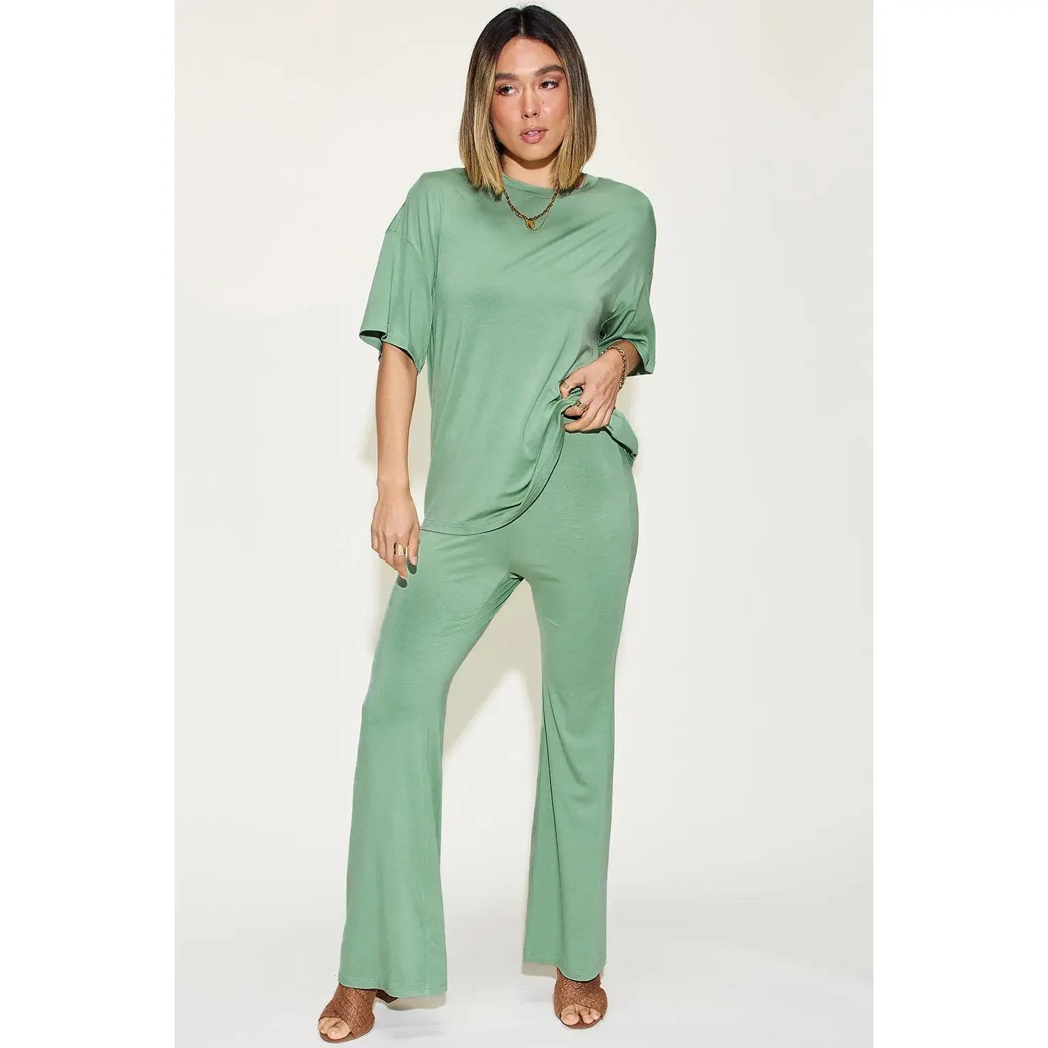 Basic Bae Full Size Bamboo Drop Shoulder T-Shirt and Flare Pants Set, Spandex, Stretchy
