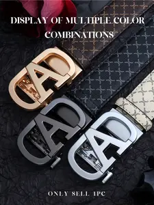 New Trendy Men's Belt, Casual Business Leather Belt, Luxury Automatic Buckle, Geometric Print, All Seasons, Versatile Daily Wear, Leather Ratchet Belt