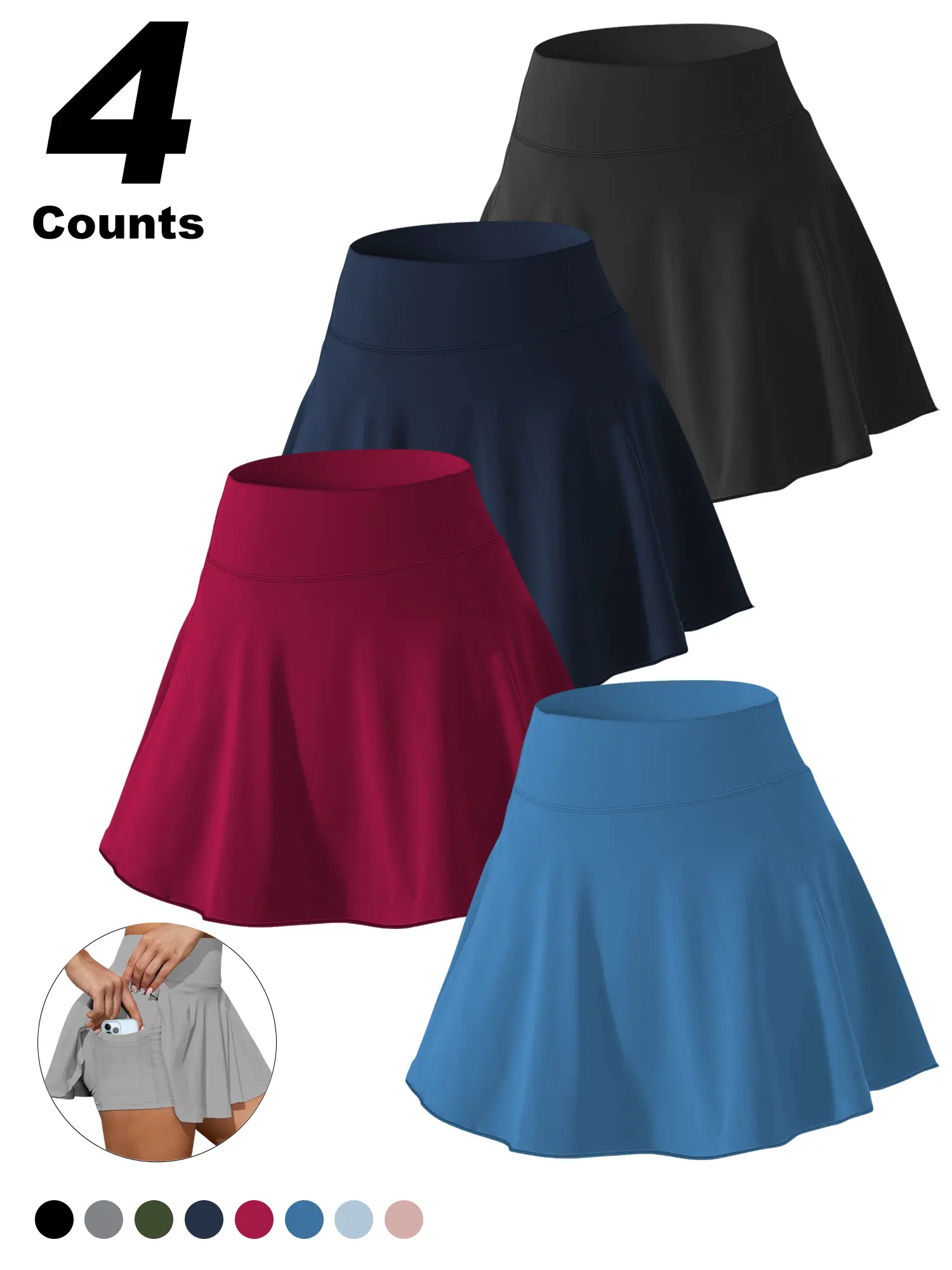 4-PS Women's Plus Size Athletic Shorts, High Waisted 2-in-1 Flowy Golf Shorts, Solid Color With Pockets Sporty Workout Shorts Suitable For Gym Yoga Tennis Indoor And Outdoor Sports Golf Skorts Drawstring Skort