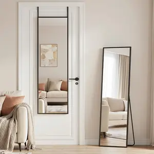 56''x15'' Full Length Mirror, Shatterproof   Floor Mirror with Stand,  Alloy Frame Leaning Standing or Wall Mounted Mirror for Bedroom Living Room Entryway, Black